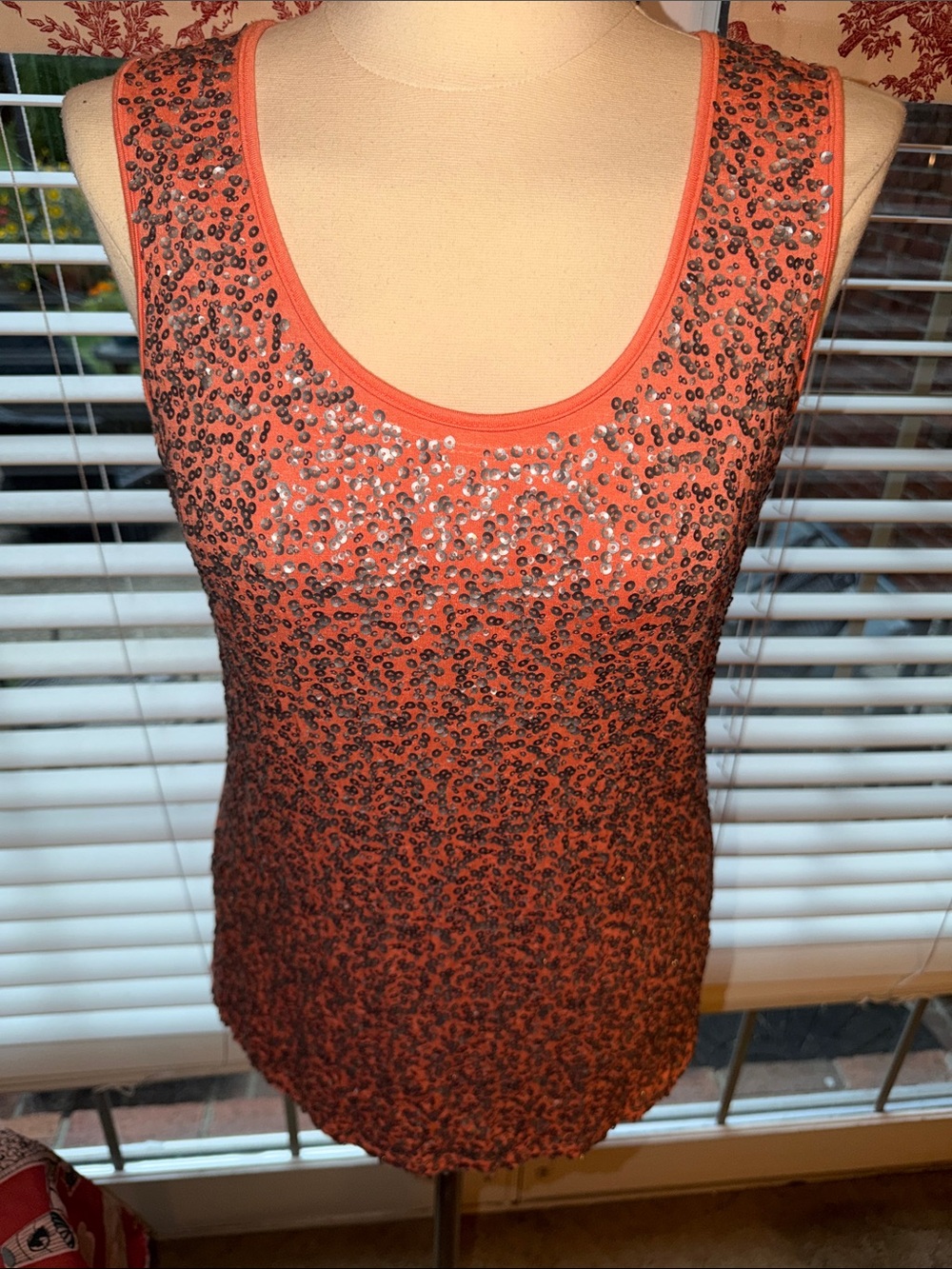 Susan Bristol Coral Sequin Scoop Neck Tank